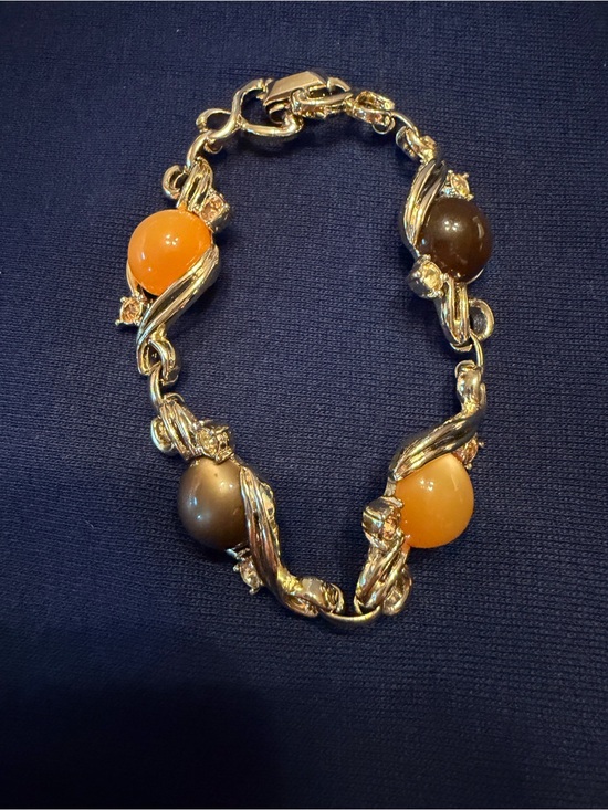 Jewelry - Vintage Brown & Amber Cabochons Rhinestone Silvertone Bracelet 6 3/4 inch